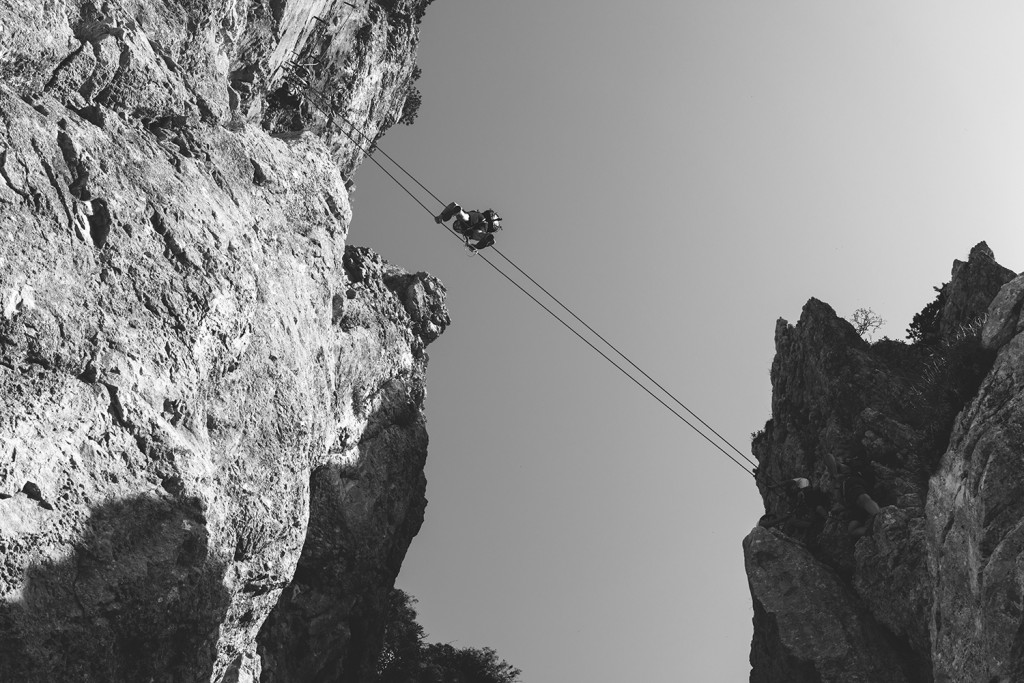 Saturday, July 4th, 2015 near Wilder Kaiser - Number 186 of 366mm Mountaineer is crossing a gorge on a fixed-rope route