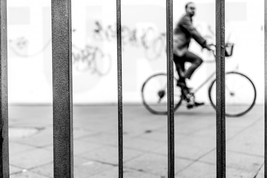 Wednesday, August 19th, 2015 in Frankfurt - Number 232 of 366mm Bicycle rider behind railings